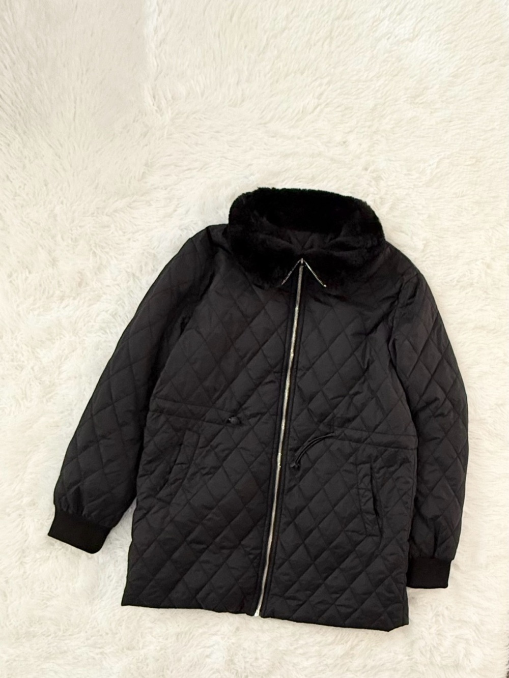 SHEIN Women’s Black Quilted Jacket Size M Fur Collar Full Zip Winter Coat Puffer
